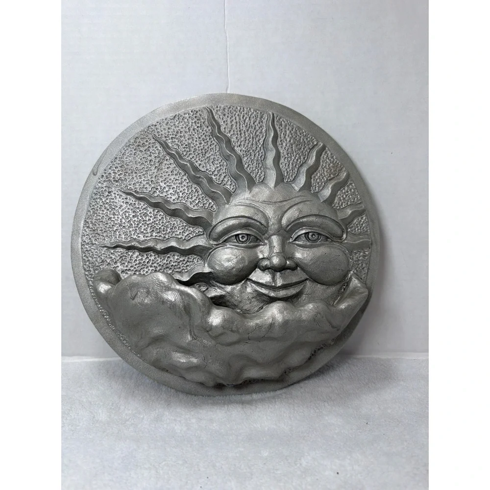 Vintage Ceramic Sun Face Wall Plaque Planter 11 in Silver Celestial 3D Art
